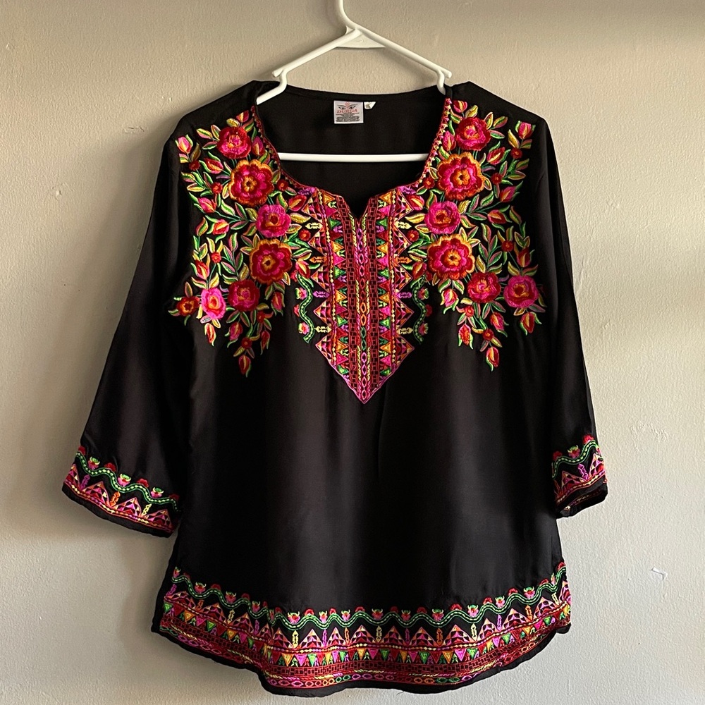Floral Embroidered Black and Pink Blouse